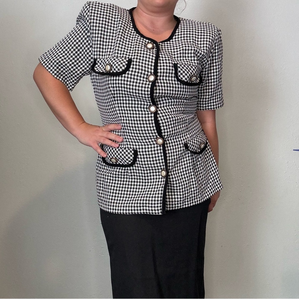 Vintage 90s Black & White Plaid Shoulder Pads Blazer Pencil Skirt Sz 13 / 12P